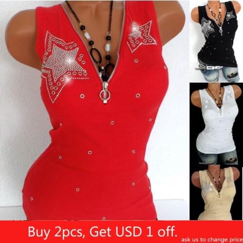 Stretch Beading Tanks Tees Cotton T-Shirt Women Summer T Shirts Sexy Zipper V Neck Sleeveless Top Black Slim Vest Plus Size 5XL