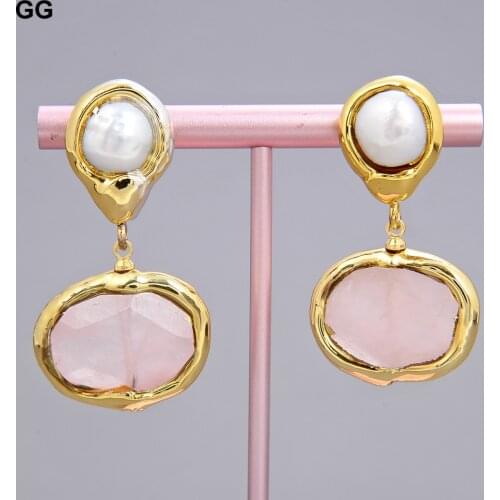 GuaiGuai Jewelry Natural Rose Quartz Cultured White Pearl Gold Plated Stud Earrings