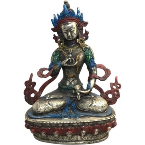 China OLD Feng Shui decoration Tibetan Silver Buddha statue Painted Lata Guanyin