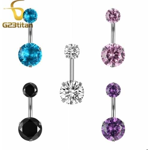 G23titan Stainless Steel Belly Rings 14G Two Round Crystal Heads 12mm Long Belly Botton Piercing Barbell Body Jewelry