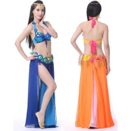 Belly Dance Costume 34c/75c 3pcs Bra&Belt&Skirt Sexy Dancing women dance clothes Set bellydance wear 5 color for selection 866