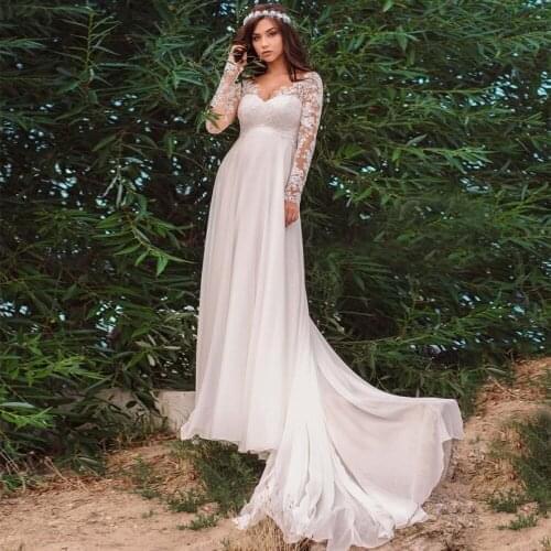 A-Line Empire Waist Wedding Dresses 2021 V-Neck Long Sleeve Lace Appliques Backless Sweep Train Chiffon Bridal Gown Pregnant