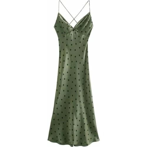 2021 New Women Dot Dress Gathered V-neck Satin Thin Strap Cozy Woman Midi Dress elegant Femme Robe Ropa Mujer Vestidos