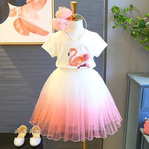 New Girls Clothes Sets Summer Cartoon Flamingo Cotton T-Shirt +Tutu Skirt 2 Pcs Clothes For Girls Children Kids Clothing 3-8 Age