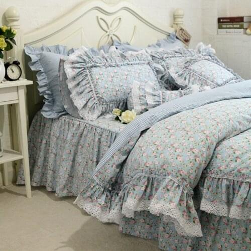 New fresh flowers print bedding set lace ruffle duvet cover quality Embroidery bed sheet pastoral bed skirt bedspread bedding