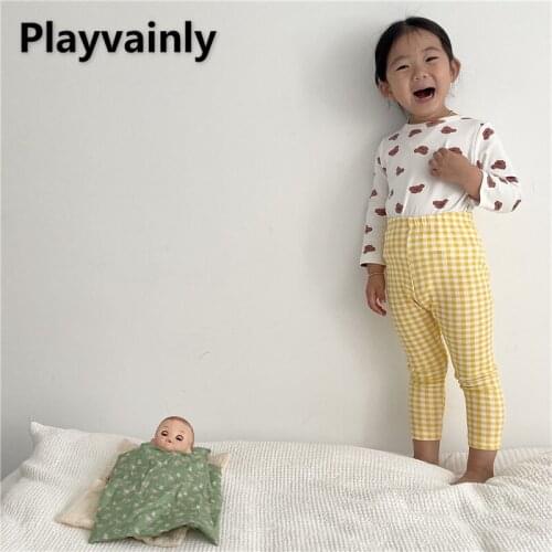 2021 Korean Style New Autumn Kids Girls Boys Pajamas 2-pcs Sets Cartoon Print Top + Plaid Pants Cute Baby Newborn Clothes E1158