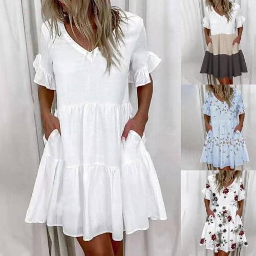 2021summer new fashion short style ruffled mini A-line V-neck sexy print retro loose pocket casual party big skirt womens dress