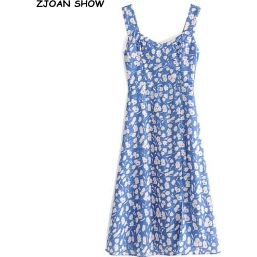 Summer French Hem Slit Blue Color Floral Print Women Dress Adjust Tie Bow Strap Sleeveless Dresses Beach Holiday vestidos
