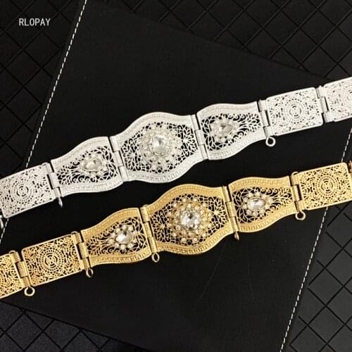 RLOPAY Morocco Trendy Belts for Women Luxury Design Hollow Flower Golden Belts Long Chain Arabic Wasit Band for Gown