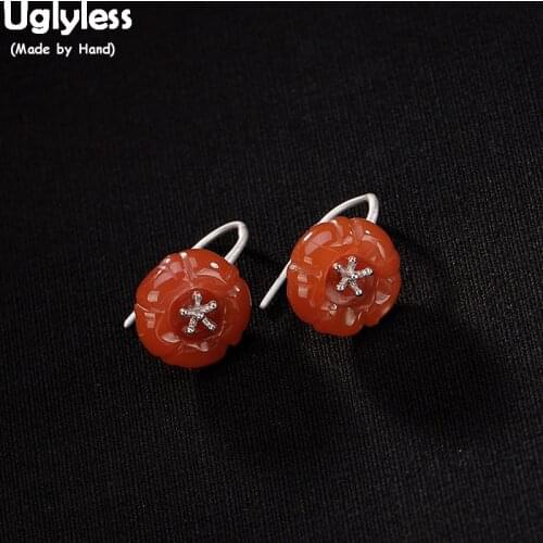 Uglyless New Designer S925 Silver Drop Earrings Natural Red Agate Earrings Romantic Floral Fine Jewelry Handmade Fashion Brincos