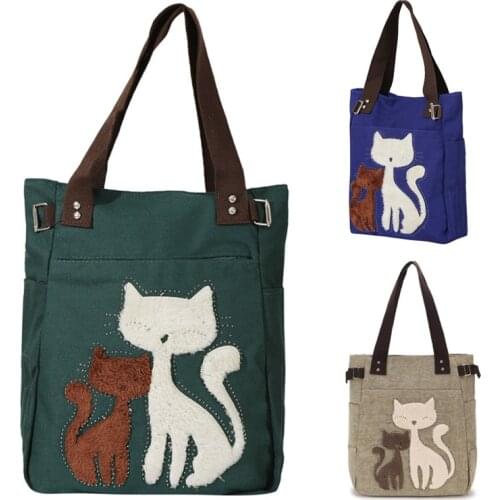 Lovely Cute Cat Canvas Handbag For Girls Ladies Large Capacity Casual Bag Women Portable Solid Zipper Shoulder Bag
