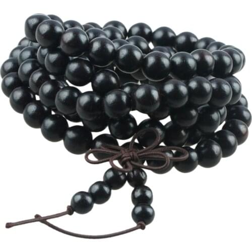 SUNYIK 8mm Black Ebony Wood 108 Tibetan Buddhist Prayer Mala Beads Bracelet Necklace
