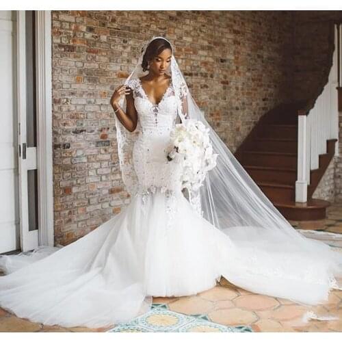 African Mermaid Wedding Dresses Deep V Neck Cap Sleeve Backless Lace Appliques Beads Bridal Gowns vestido de noiva