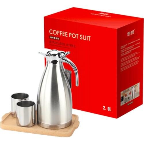 2L 304Stainless Steel Hot Water Bottle + 2Cups Double-Wall Vacuum Insulated Pot Coffee Pots Thermal Carafe Insulation Jug Flask