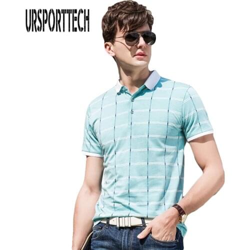URSPORTTECH Men Polo Shirt 2018 Summer Men Business Casual Breathable Plaid Short Sleeve Polo Shirt Slim Fit Work Clothes Polos