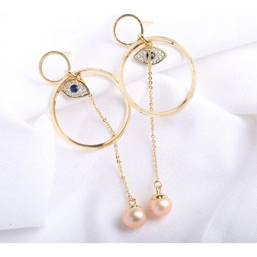 AIYANISHI 18K Gold Filled Natural Freshwater Peal Drop Earring Women Engagement Evil Eye Long Link Chain Pearl Earrings Jewelry