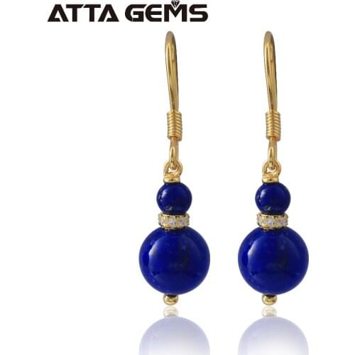 Natural Lapis Lazuli Sterling Silver Drop Earrings for Women Yellow Gold Plated Beads Lapis Natural Stone Classic Earring Style