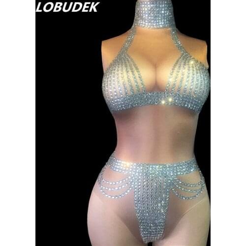 Nightclub Women Pole Dancing Costume Bar DJ DS Stage Wear Skin Color Crystals Bodysuit Jumpsuit Sexy Dance Performance Costume