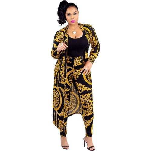 Women Fashion Gold Flower Print Two 2 Piece Set Long Pencil Pants+X-Long Cape Coat 2019 Spring Female Sexy Club Casual Clothing