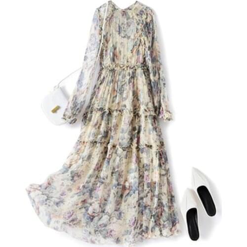 100% Silk Summer Dress 2021 Long Sleeve Dress Floral Elegant Dresses for Women Casual Korean Fashion 2021 Vestidos Pph4039