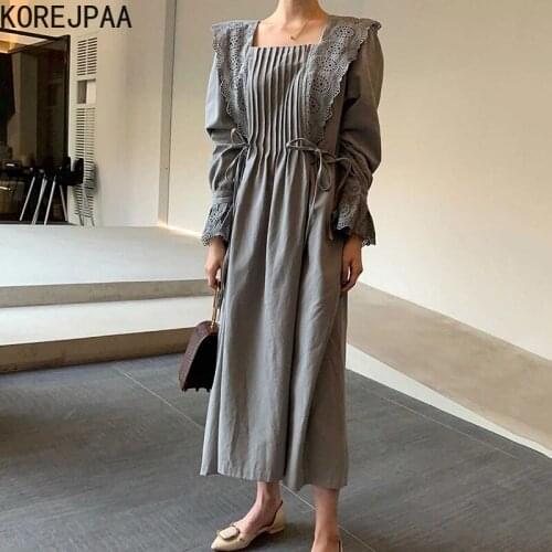Korejpaa Women Dress 2021 Autumn Korea Temperament Ladies Square Collar Lace Hollow Stitching Pleated Flared Sleeves Vestidos