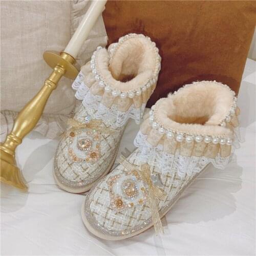 Winter new womens sweet ruffled beaded snow boots original luxury heavy industry warm wool blended platform womens boots