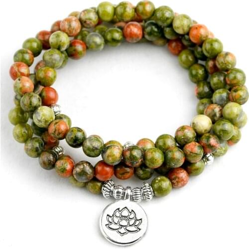 108 Mala Beads Bracelets Natural Stone Chinese Unakite OM Lotus Buddha Charm Bracelets Men Women Yoga Jewelry