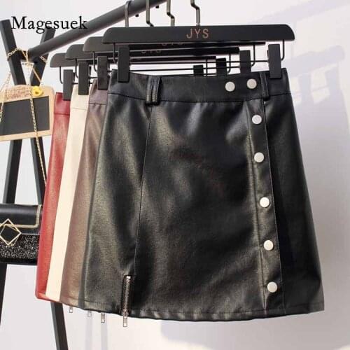 2020 Autumn Single-Breasted Slim Fit Sexy Solid Short Skirt Women High Waist Skirt A-line Leather Skirt Faldas Cortas 11078