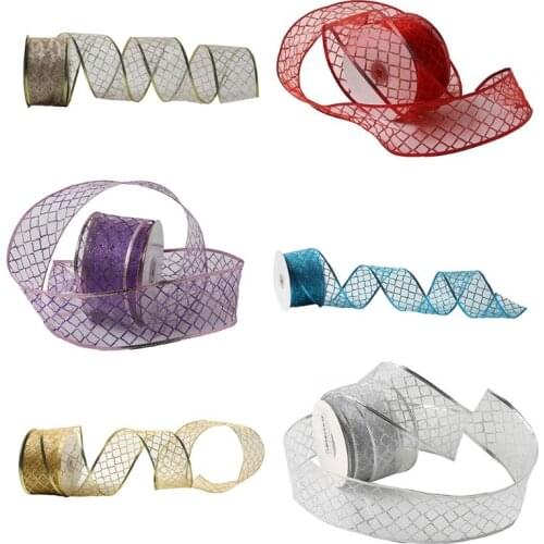 50 Yards/roll Lattice Glitter Sheer Wired Organza Christmas Ribbon Webbing for Wedding Party Xmas Tree Decoration