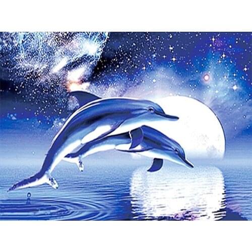 Wall Decor Art 5D Diy Diamond Painting Dolphins Swim Round Drill Full Diamond Embroidery Mosaic New Needlework Home Decoration