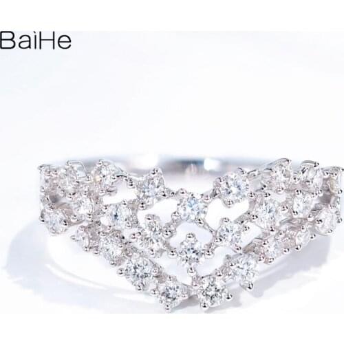 BAIHE Solid 14K White Gold 0.55ct H/SI Round cut Natural Diamonds Fine jewelry Wedding Crown V-shaped diamond ring for women