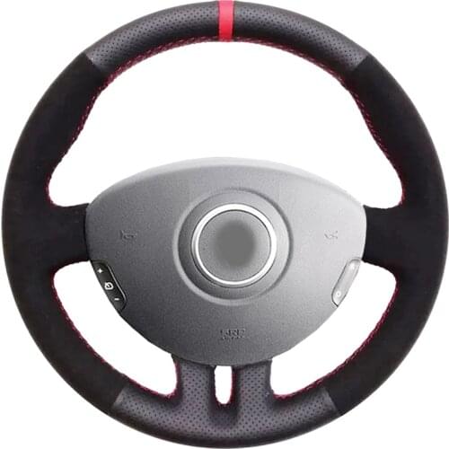 Black Suede Faux Leather Red Marker Hand-stitched Car Steering Wheel Cover for Renault Clio 3 2005-2013 Clio 3 RS 2005-2013