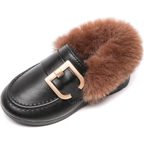Children Shoes Kids Casual Loafers For Boys Girls Fluffy Fur Hair Warm PU Leather With Metal Buckle Slip-on Flats Fashion Shoes