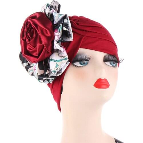 Double Color Big Flower India Turban Bonnet Arab Hat Muslim Fashion Women Underscarf Caps Ready To Wear Ladies Headwear Wrap