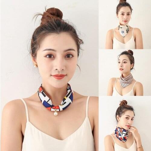 Elegant Fashion Scarf Women Stripe Floral Pearl Silk Scarf Neck Gaiter Hair Tie Band Handkerchief Summer Exquisite Accessories