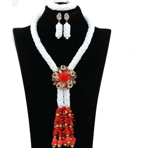 Romantic White African Bridal Pendant Necklace Set Red Coral Nigerian Wedding Costum Party Beads Jewelry Set Free Shipping QW282