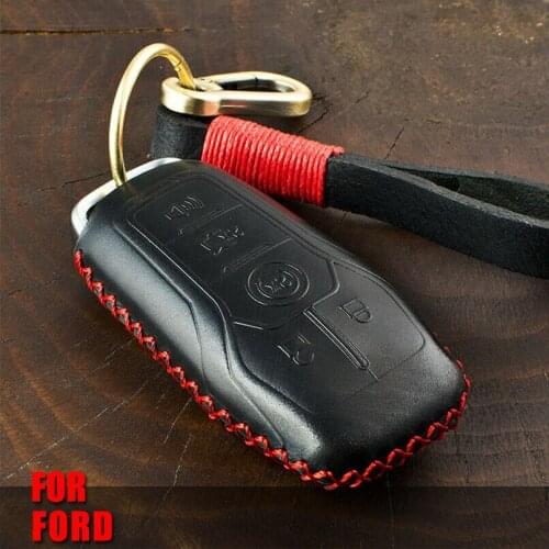 Leather Key Cover Case for Ford Mustang Fusion Mondeo Explorer Edge 2015-2018 4 5 Buttons Remote Control Key Case Key Holder
