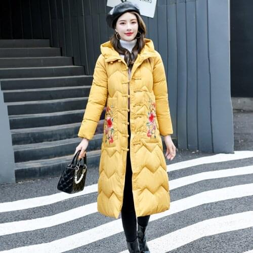 Winter Hooded Women X-Long Parkas Embroidery Chinese Style Ladies Cotton Padded Jacket Single Breasted Cotton Coat