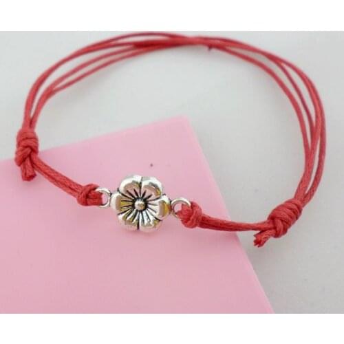 Fashion Silver Flower Charms Bracelets Red Cord Adjustable Friendship Bracelet Anklet Women Men Gifts