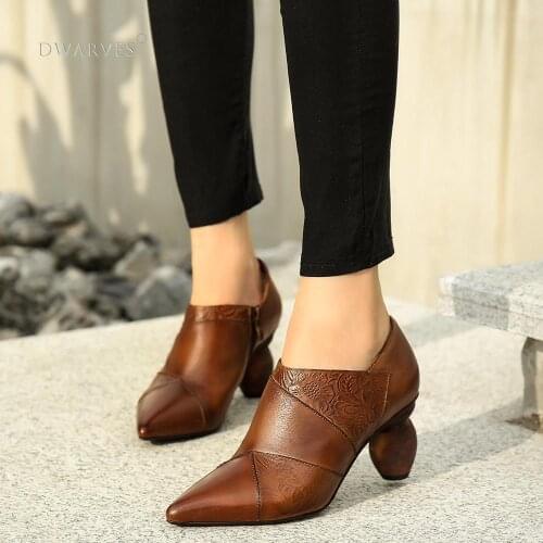 Handmade Genuine Leather Pumps Retro Pointed Toe Women Shoes Block Heels Slip On Office Shoes Brown/Camel