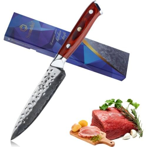SUNNECKO 5'' Utility Knife Damascus Japanese VG10 Steel Hammer Blade Kitchen Knives Color wood Handle Sharp Fruit Chef Cutter