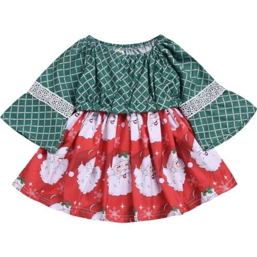 Little Girls' Santa Print Dress Fashion Wild Wide Sleeve Plaid Pleated Princess Dress Kids Christmas Gifts 2020
