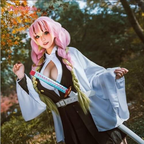 S-2XL Anime Demon Slayer Cosplay Kanroji Mitsuri Costume Women Girls Kimetsu Halloween Party Show Clothes Wig C55K193