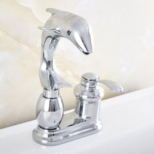 Silver Polished Chrome Brass Swivel Spout Cute Animal Dolphin Style Bathroom Kitchen Two Holes Basin Faucet Mixer Tap msf838