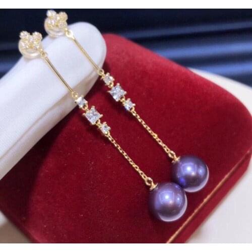 D529 Pearl Earrings Fine Jewelry 925 Sterling Silver Round 8-9mm Nature Fresh Water Edison Purple Pearls Drop Dangle Earrings