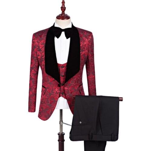 High Quality One Button Red Embossing Groom Tuxedos Shawl Lapel Groomsmen Mens Wedding Prom Suits (Jacket+Pants+Vest+Tie) NO:43