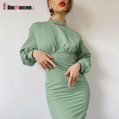 Green Ladies Long Sleeve Knitted Corset Slim Clothes Elegant Stand Collar Long Dresses for Women Party Fashion Fall Autumn 2021