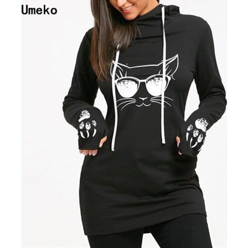 Umeko 2021 Autumn Fashion Womens Cotton O-neck Long Sleeve Casual Style Sweatshirts Cartoon Cat Print Drawstring Tunic Hoodie