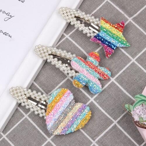 1 PC Girls Pearl Hair Clips Women Elegant Korean Style Hair Accessories Heart Star Flower Sequin Rainbow Sweet Hairpins Barrette