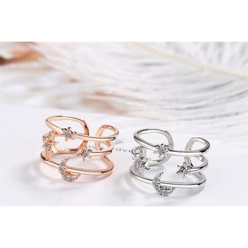 Sole Memory Double Layer Star Moon Personality Cool Fashion 925 Sterling Silver Female Resizable Opening Rings SRI395